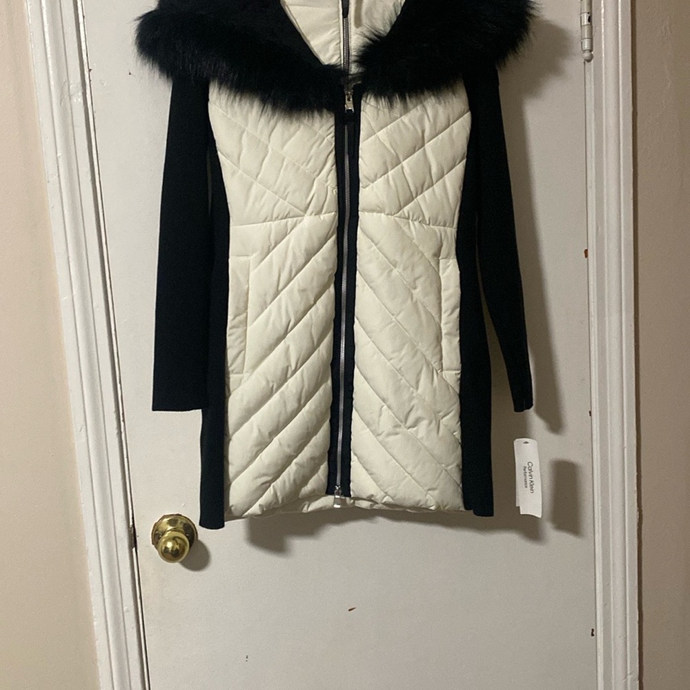 Women's Black and White Quilted Jacket with Faux Fur Trim